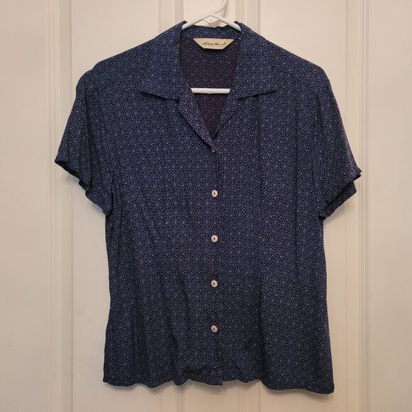 Eddie Bauer Navy Blue Print Short Sleeve Button Down Shirt - Picture 1 of 5